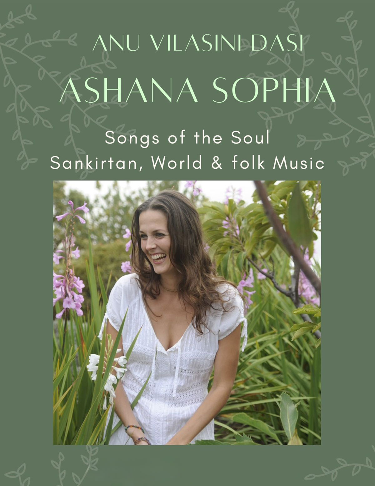 Olive green color poster of a smiling person, Ashana Sophia, in a purple flower garden, promoting a music event at I AM Maui.